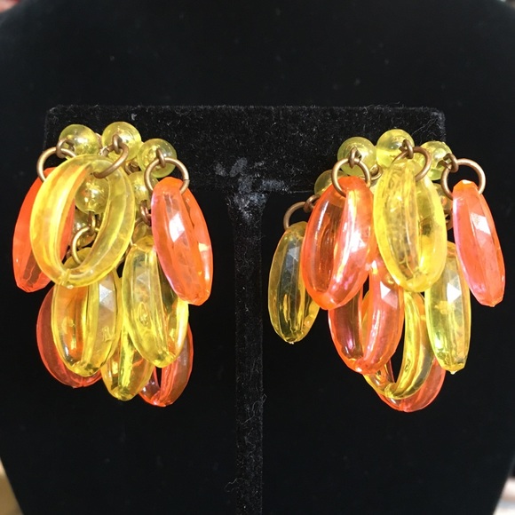Vintage Jewelry - VTG Beaded Neon Dangle Clip On Earrings